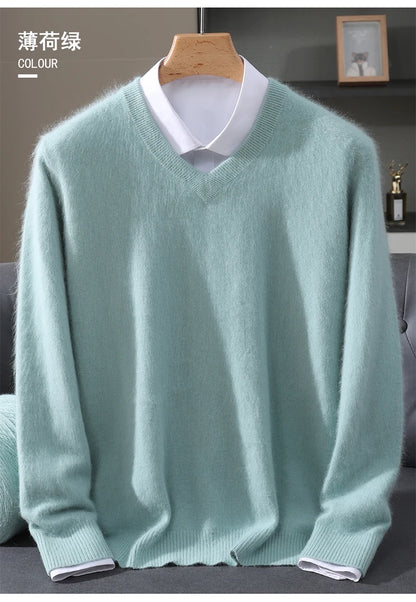 Men's 100% Pure Mink Cashmere Sweater V-neck Pullover Knit Bottoming Shirt Autumn And Winter New Long-Sleeve High-End Mink Tops