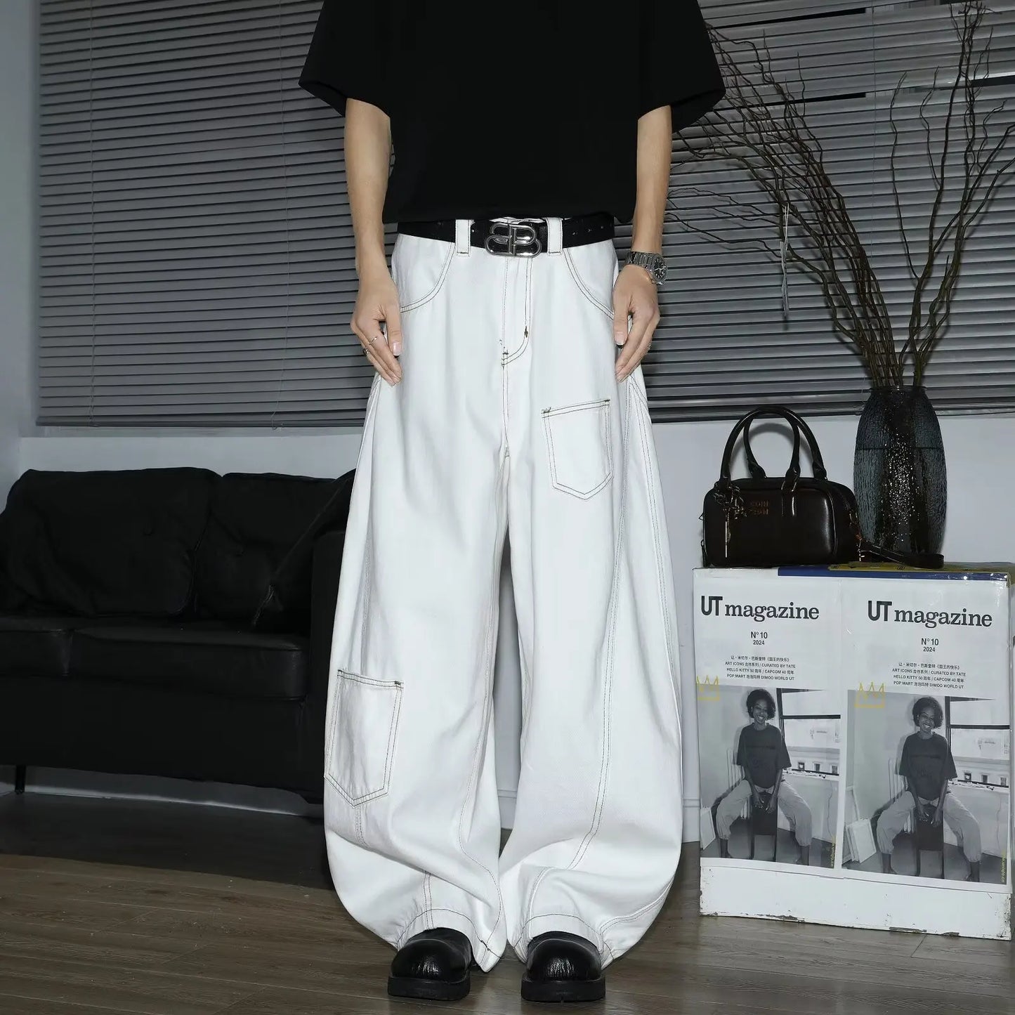 Y2K Men's Jeans White High-Waisted Wide-Leg Denim Pants Retro Baggy Style Fashion Loose Fit Casual Denim Trousers Streetwear