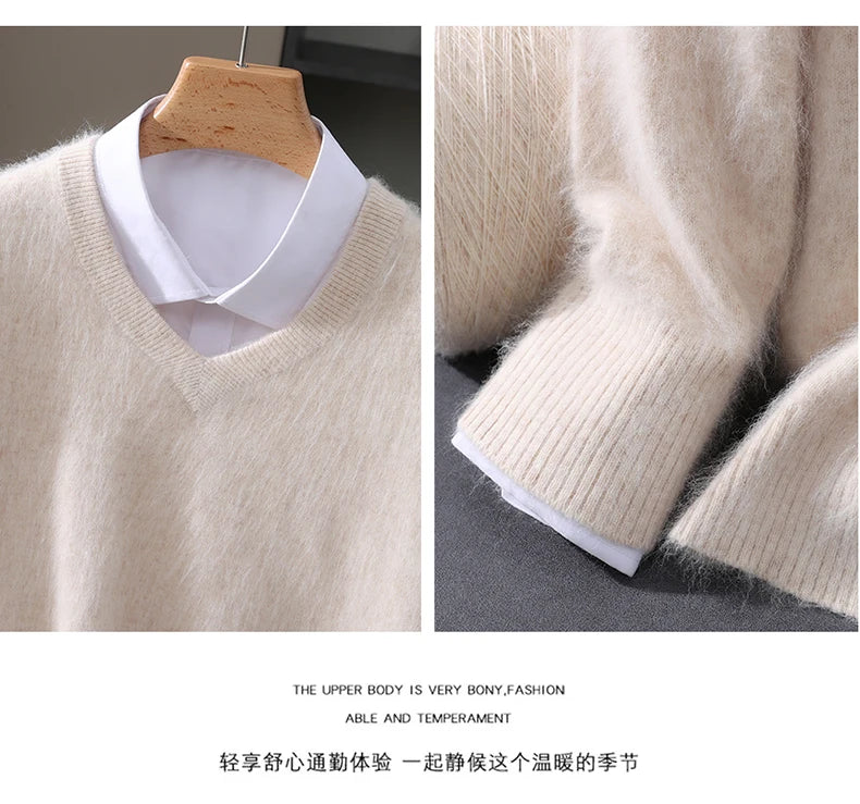 Men's 100% Pure Mink Cashmere Sweater V-neck Pullover Knit Bottoming Shirt Autumn And Winter New Long-Sleeve High-End Mink Tops