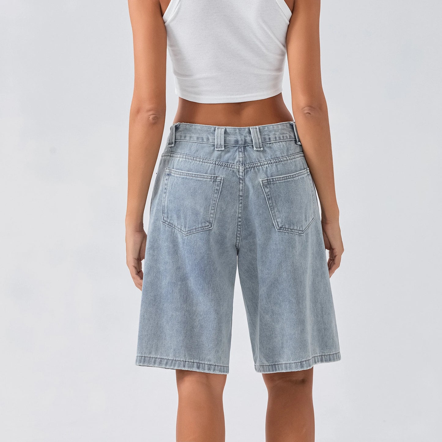 New Fashion Womens Knee Length Denim Shorts Loose Solid Color Low Rise Wide Leg Long Shorts With Pockets For Summer S-2XL