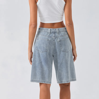 New Fashion Womens Knee Length Denim Shorts Loose Solid Color Low Rise Wide Leg Long Shorts With Pockets For Summer S-2XL