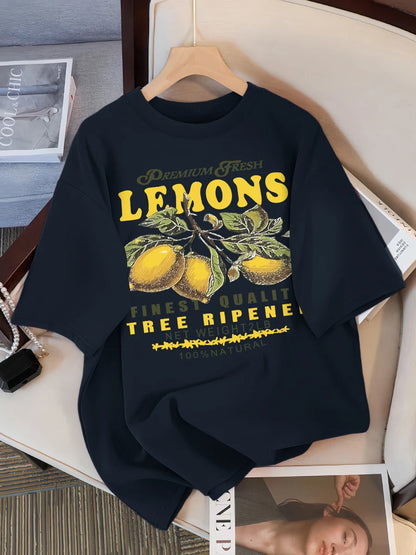 Lemons Fruits Premium Fresh Printing T Shirt Woman Loose Cotton Sportswear O-Neck Casual T Shirts Loose All-Match Short Sleeve