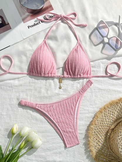 2026 women's brand new all season backless fashion sexy lace up bikini 2-piece set split swimsuit beach Brazil