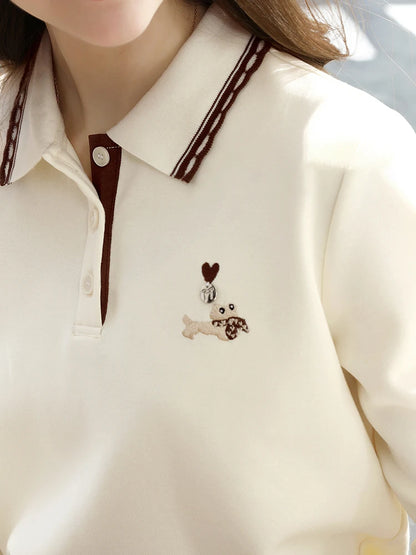 Polo Neck T-shirt - Long Sleeve Apricot Top With Embroidery Detail | Casual Women Shirt
