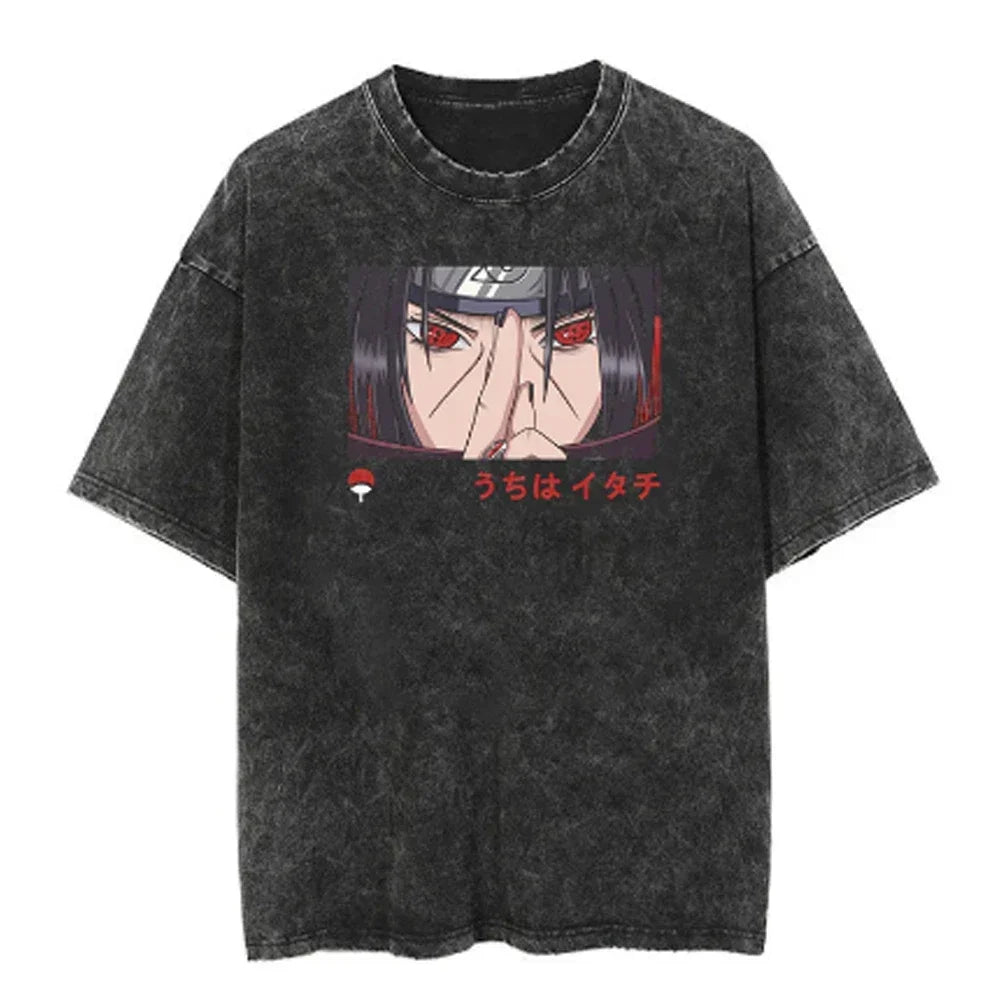 Men Streetwear Tshirt Japanese Naruto Anime Graphic T-Shirt Cotton Harajuku Washed T Shirt Summer Hip Hop Tops Tees Black