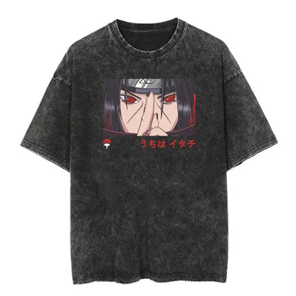 Men Streetwear Tshirt Japanese Naruto Anime Graphic T-Shirt Cotton Harajuku Washed T Shirt Summer Hip Hop Tops Tees Black