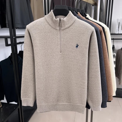 Luxury Quality Men Long-Sleeved Knitwear Mock Neck Half-Zip Thicken Horse Embroidery Spring New Pullover Fashion Casual MensWear