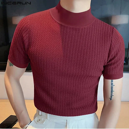 Men's High Neck T-Shirt – Casual Summer Knitted Base Tee | Breathable Polyester Top