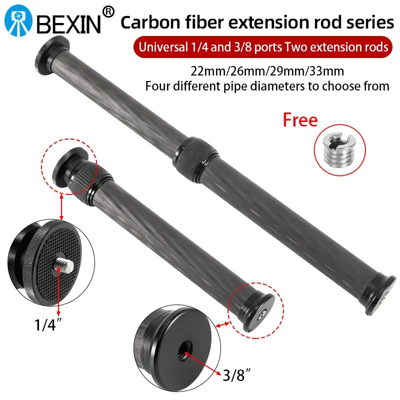 Selfie Stick With 1/4 or 3/8 Screw Tripod Carbon Fiber Central Axis Extension Rod Adjustable Extension Rod for DSLR Cameras
