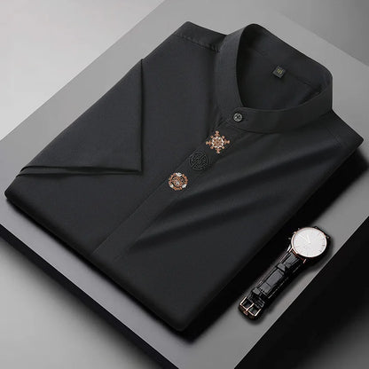 Upto 10XL Size Short Sleeve Embroidered Shirt Men's Casual Loose Oversized Black and White Short Sleeve Shirt Summer