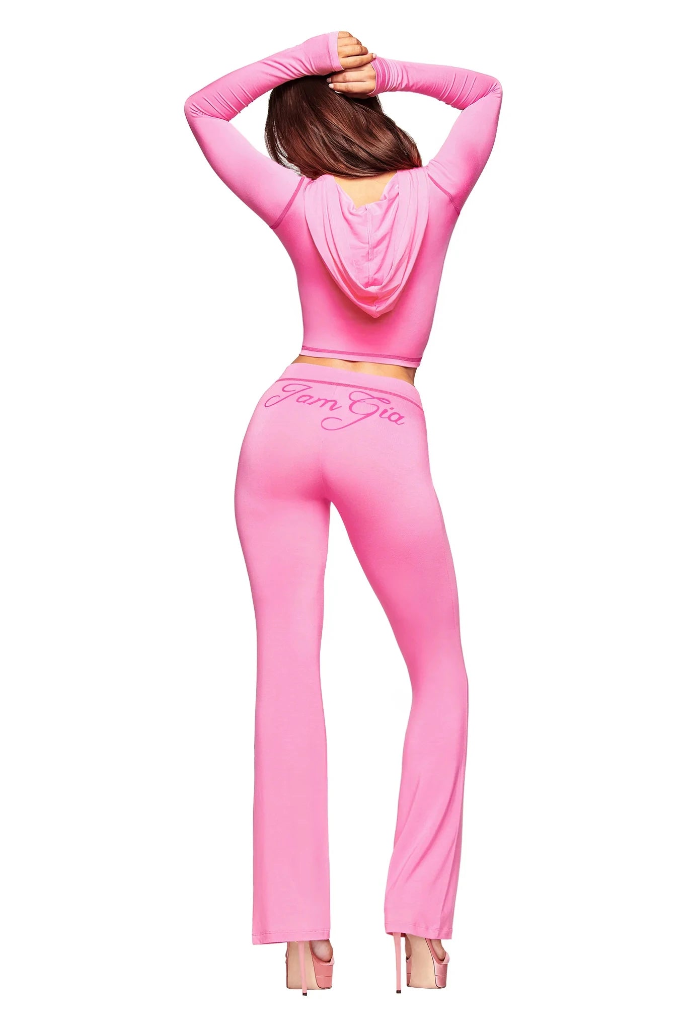 Gia neon pink regular shoulder slim-fit letter print topstitching design slim-fit hooded zip-up short jacket and pants set