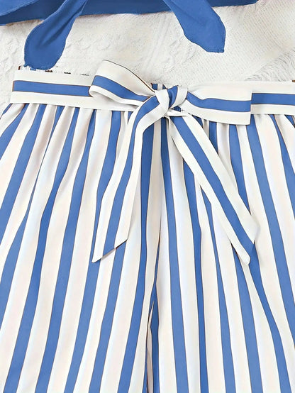 Women's casual daily short sleeved love printed+striped printed shorts 2-piece set with random belt striped children's clothing