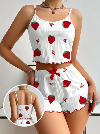 New Strawberry Print Sleepwear Set Women's Ribbed Pajamas with Hearts & Bow Soft Comfy Lounge Set with Shorts Cute Summer PjGift