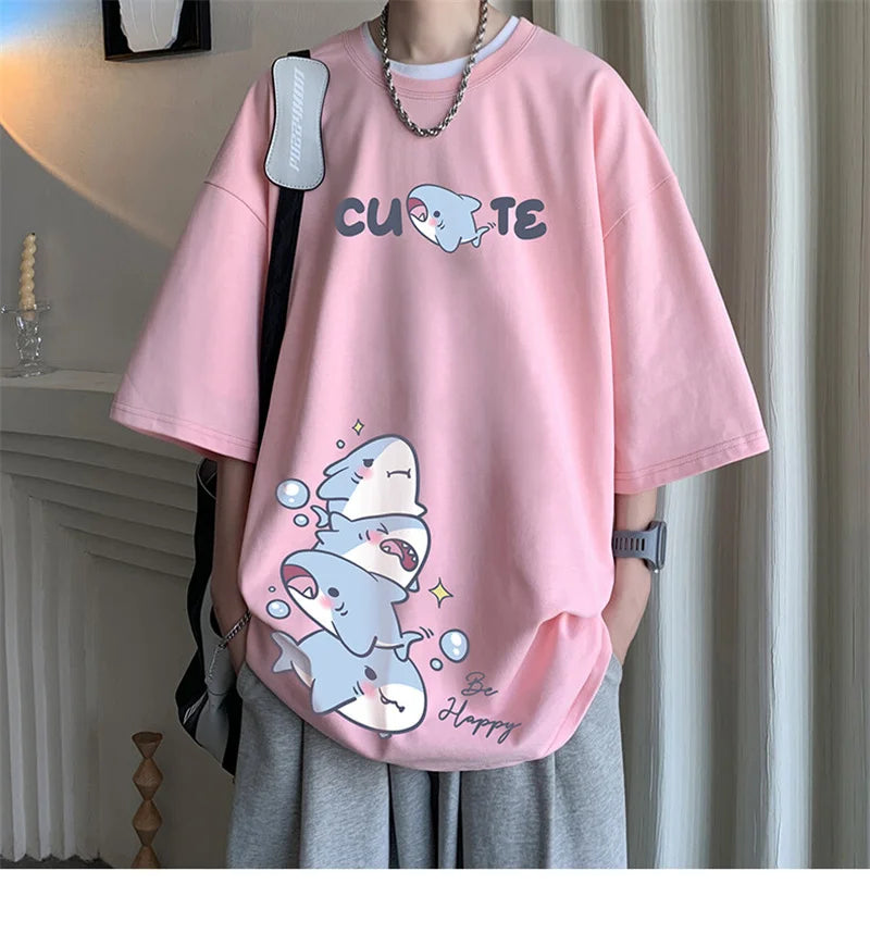 Men's Cotton T-shirts White Men Oversized T Shirt Anime Shark Print Summer Casual Wear 5XL Tee Shirts Big Size Male Clothes