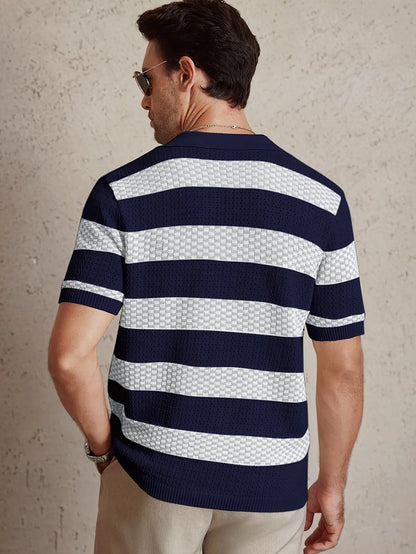 Daily Casual Mens Knitted Polo Shirts 2026 Summer Fashion Striped Contrast Color Knit Pullovers Men Stylish Turn-down Collar Top