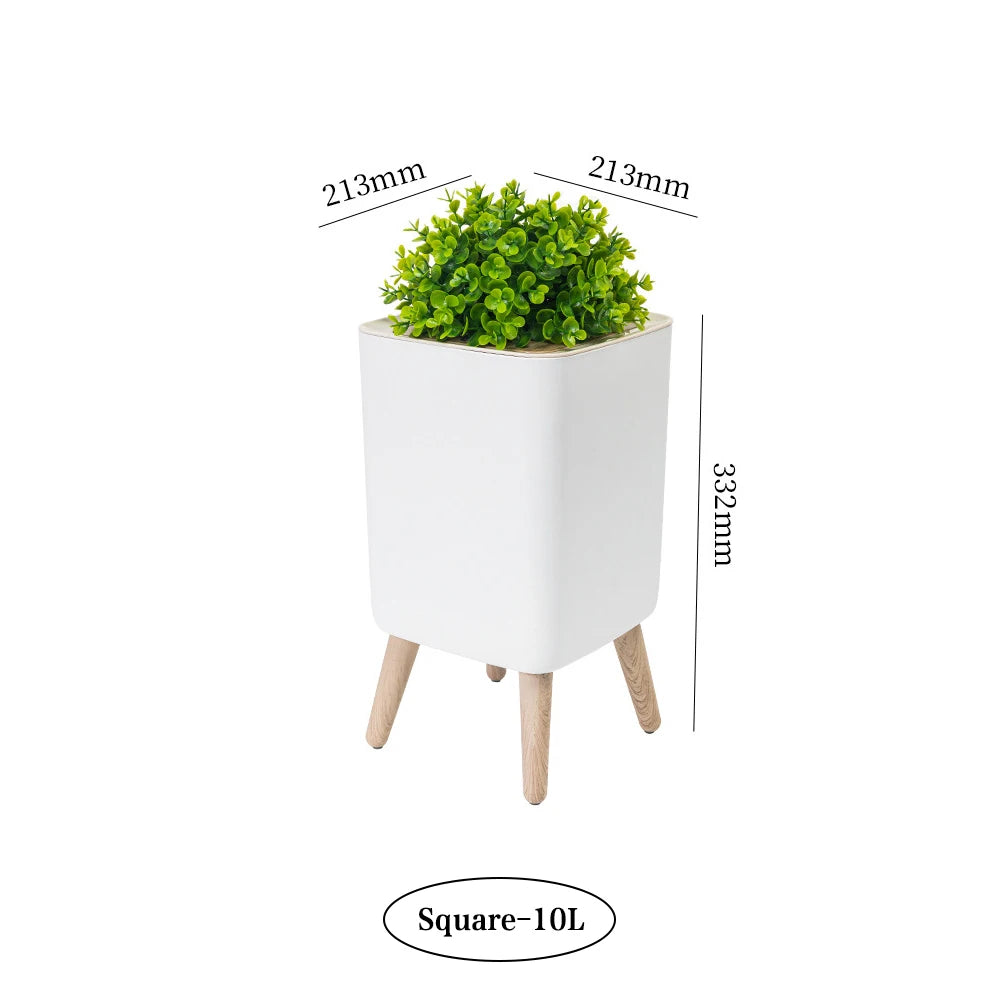 Wooden High Foot Trash Can - Creative Bathroom  Kitchen Wastebin with Press Cover