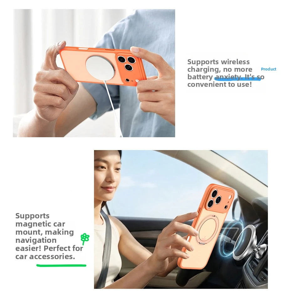 360 Rotating Magnetic Stand Case for iPhone 17 15 14 13 16 Pro Max Air for Magsafe Stress Relief Ring Holder Full Lens Cover