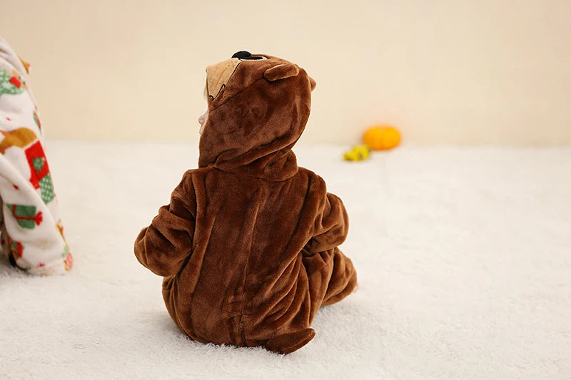 Baby Winter Rompers - Soft Polyester Hooded Jumpsuit With Animal Pattern, Machine Washable