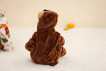 Baby Winter Rompers - Soft Polyester Hooded Jumpsuit With Animal Pattern, Machine Washable