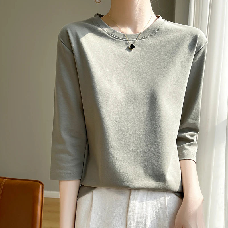 Summer Cotton Short-Sleeved T-Shirt Women's Round Neck Seven-Point Sleeves Loose Mercerized Cotton Half-Sleeve Shirt New T-shirt
