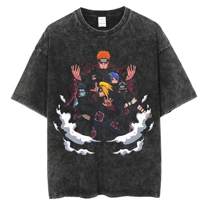 Men Harajuku Streetwear Vintage Black Tshirt Anime Naruto Print T-Shirt Summer Fashion Cotton Tops Tees Loose Washed Clothing