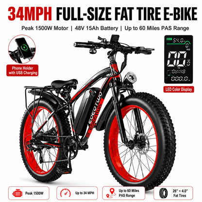 Electric Bike for Adults 1500W Peak, 34MPH 26" Fat Tire Ebike, 48V 15Ah Long Range Battery, All-Terrain Mountain Commuter E-Bike