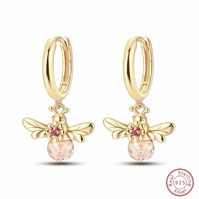 Silver Gold Pearl Earrings - 925 Sterling Silver Bee Star Moon Design Studs