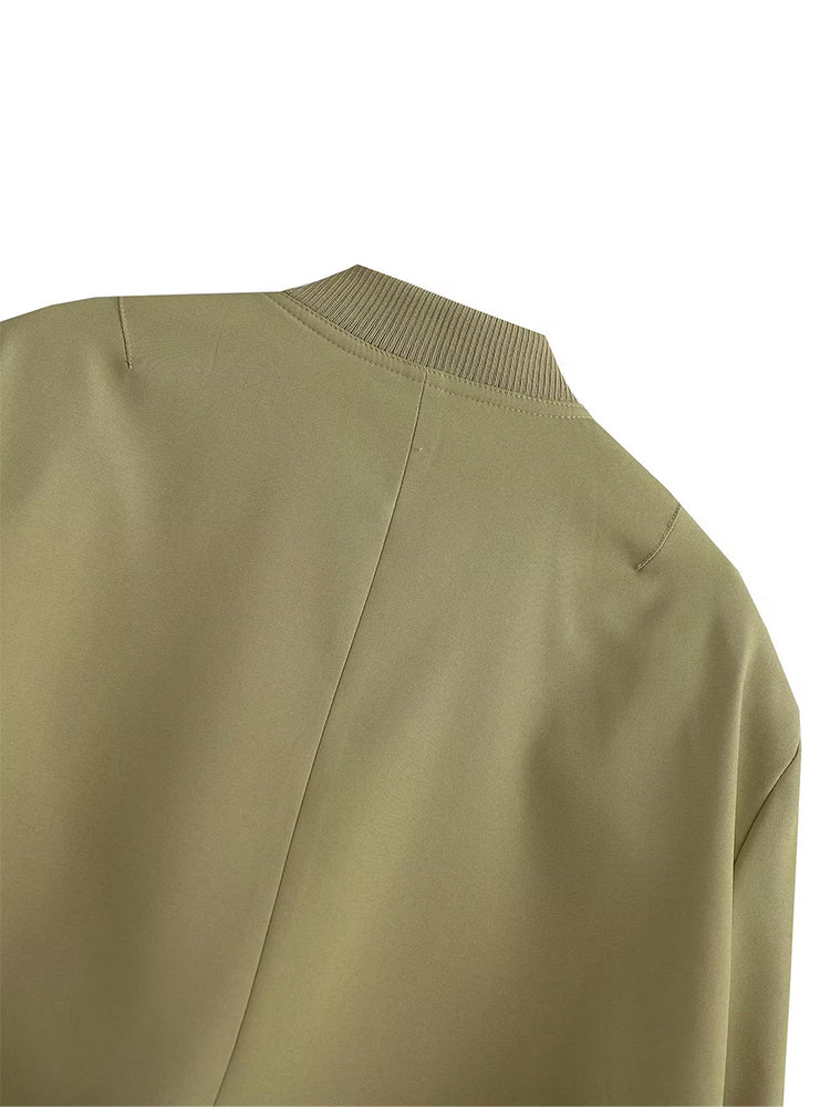 Women Bomber Jacket - Solid V Neck Single Breasted Polyester Coat With Pockets