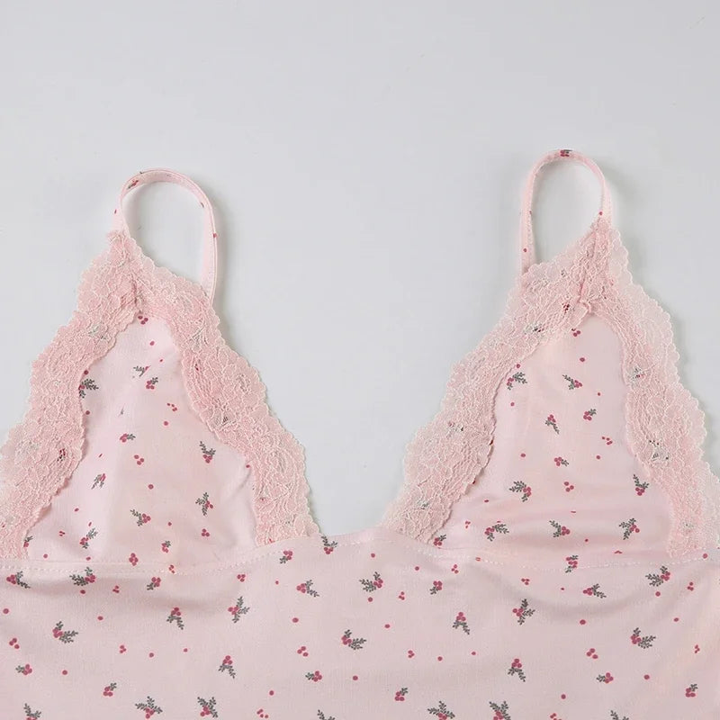 Women Two-pieces Pajamas Set Pink Floral Lace Patchwork Sleepwear Sleeveless Camisoles and Slim Cute Shorts Loungewear