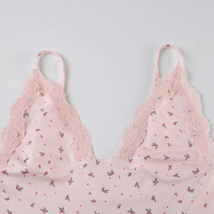 Women Two-pieces Pajamas Set Pink Floral Lace Patchwork Sleepwear Sleeveless Camisoles and Slim Cute Shorts Loungewear