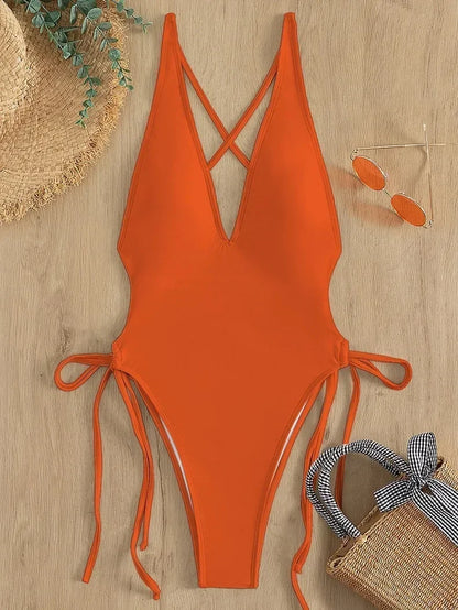 Fashion Solid Deep V Neck One Piece Swimsuit Women Yellow White Hollow Out Pleate Swimwear Beach Bandage Bathing Suit Monokini