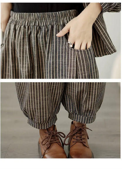 Retro Stripe Cotton And Linen Suit 2024 Women's Autumn Temperament Casual Wide Leg Harem Pants Loose Oversized 2 Piece Set K2478