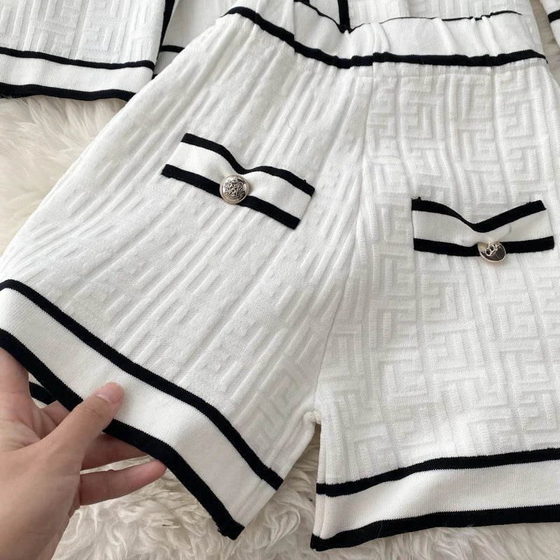 SINGREINY Autumn Knitwear 3PC Sets Long Sleeves Cardigan+Single Breasted Spaghetti Strap+High Waist Elastic Shorts Casual Suits