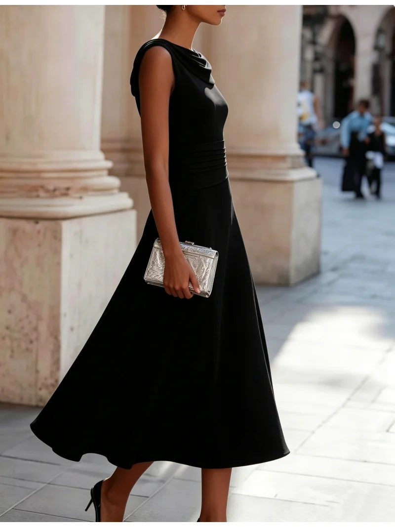 Women's Sleeveless Cowl Neck A Line Chiffon Midi Dress for Cocktail Party and Wedding Guest