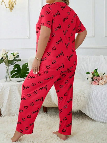 Women's Plus Size Sleepwear Heart Letters Print Pajama Set Casual Short-Sleeve Top and Pants Comfortable Relaxed Fit Loungewear
