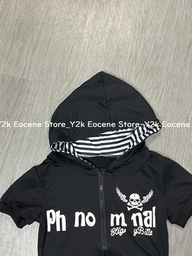 Y2K Subculture Skull Print Zip Cardigan Short Sleeve Women Japan Slim Fit Striped Hoodie Casual Tops Fashion Streetwear Clothes