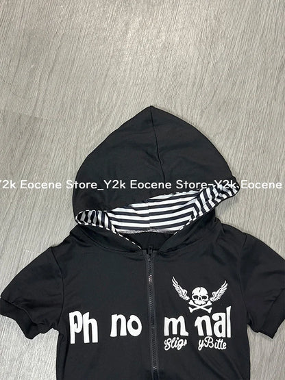 Y2K Subculture Skull Print Zip Cardigan Short Sleeve Women Japan Slim Fit Striped Hoodie Casual Tops Fashion Streetwear Clothes