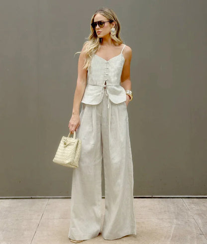 Mueyaruho Women 2026 Summer Office Pant Set Suits Solid Beige Outfits 2 Two Piece Wide Leg Matching Set For Women
