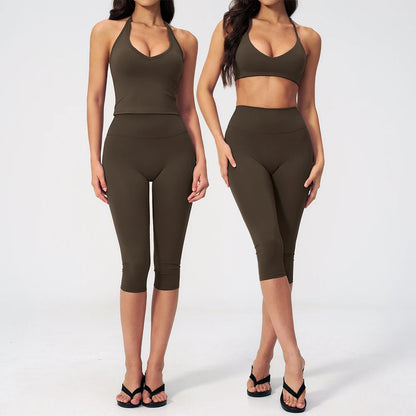 Women Tracksuit Yoga Set 2PCS Sports Set Short Sleeve Fitness Outfits Workout Clothes Running Capri Pants Gym Suit Athletic Wear