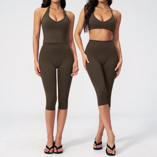 Women Tracksuit Yoga Set 2PCS Sports Set Short Sleeve Fitness Outfits Workout Clothes Running Capri Pants Gym Suit Athletic Wear