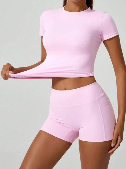 Women's Sweet Sports Short Sleeve High Waist Tummy Control Butt Lifting Shorts Set