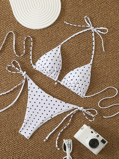 Micro Bikinis Set - Women's Swimwear Dot Print Halter Neck Lace Up Bikini