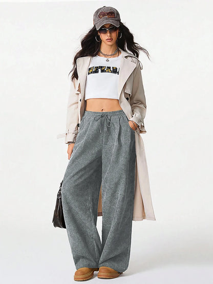 Women's Retro Corduroy Cargo Pants Casual Drawstring Straight Sports Pants Drape Daily Commuting Wide Leg Pants