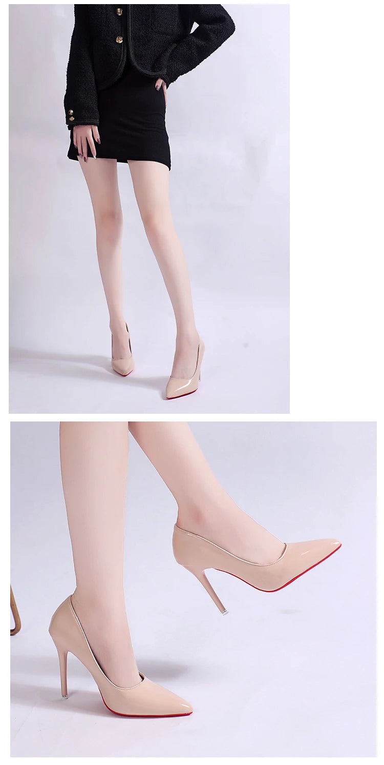 White Nude Pointed Toe Patent Leather High Heels Sexy Red Sole Party Prom Girl Pumps Minimalist Shallow Mouth Work Single Shoes