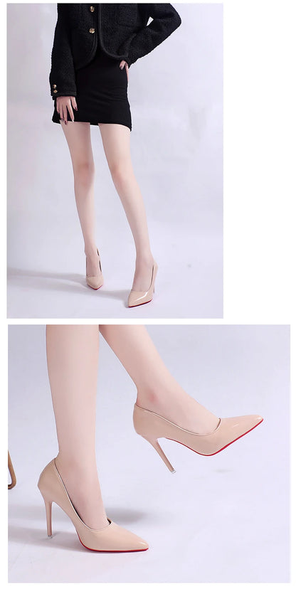 White Nude Pointed Toe Patent Leather High Heels Sexy Red Sole Party Prom Girl Pumps Minimalist Shallow Mouth Work Single Shoes