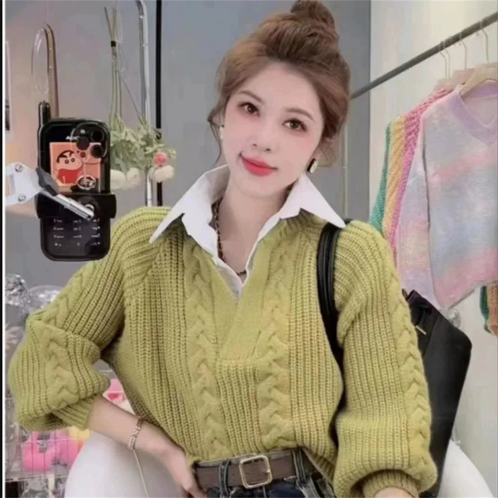 2025 Fashion New Casual Fall Winter Fake Two-piece Knitted Top for Women Autumn and Winter Long Sleeves Sweater for Women Tops