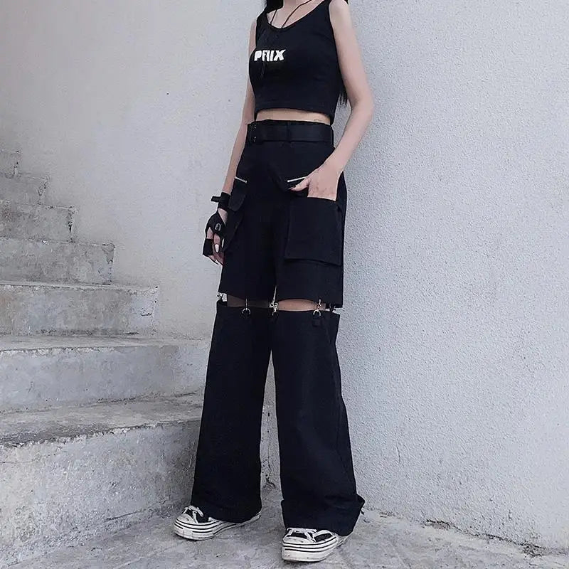 New 2025 Streetwear Black Pants for Women Fashion High Waist Detachable Streetweart Cargo Pants Woman