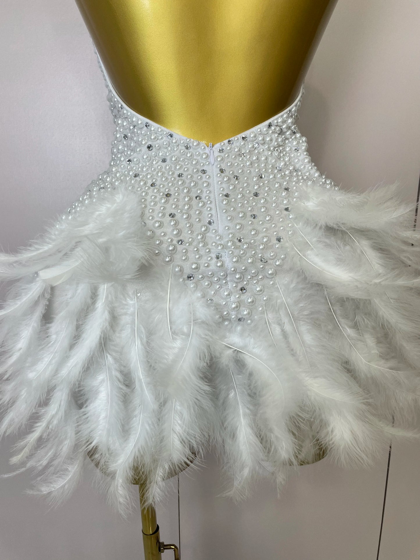 Backless Halter Dress - Women's Party Mini Sheath With Rhinestone & Feather Details