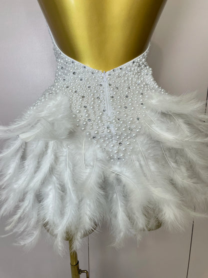 Backless Halter Dress - Women's Party Mini Sheath With Rhinestone & Feather Details