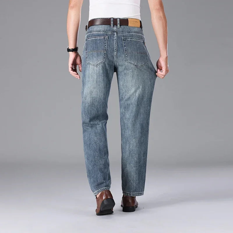 2026 Summer High Quality Brand Cloth Business Casual Men's Lightweight Straight Loose Jeans Classic Retro thin cotton trousers